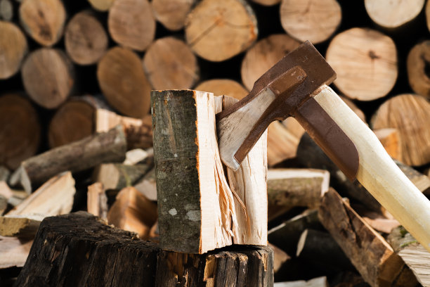 斧斧和一堆劈柴生火，图片下载