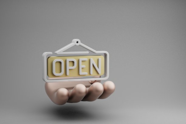 美丽的抽象插图金色的手握开放的招牌符号图标在灰色的背景。3 d渲染插图。在线购物。图片下载