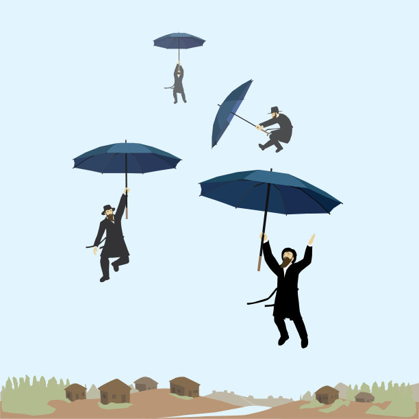 犹太信徒在古老小镇上空，身穿黑色衣服、帽子、西装和腰带，跳舞并撑伞的绘画，秋日艺术插画图片下载