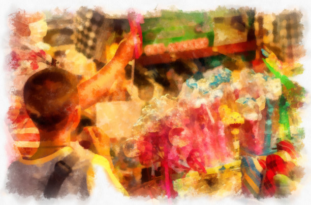 夜景的湄公河沿岸一个乡村小镇的商业区水彩风格插画印象派绘画。图片下载