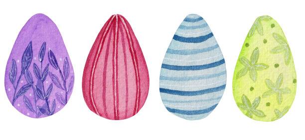 水彩画集合，明亮的装饰彩蛋孤立在白色背景。图片下载