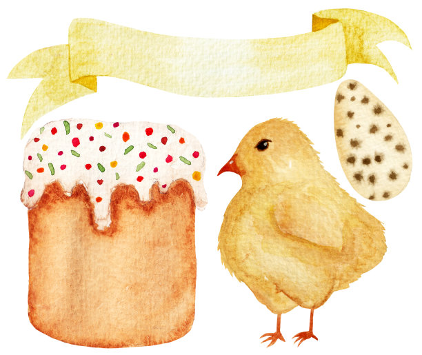 复活节水彩系列，鸡，蛋糕，鸡蛋，黄色横幅，所有的元素都被隔离在白色的背景。为各种节日产品。图片下载