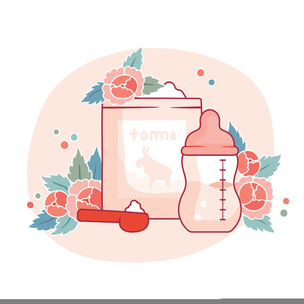 插图与婴儿奶瓶，干婴儿配方奶粉和鲜花图片下载