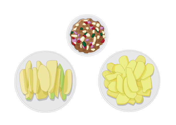 甜鱼露芒果片新鲜水果在盘子上白色背景插图矢量图片下载