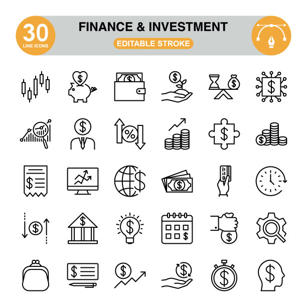 金融和投资图标设置。可编辑的中风。像素完美。图标集包含如钱包，储蓄罐，美元符号，纸币，银行，信用卡，硬币，沙漏，灯泡，人手等图标。图片下载