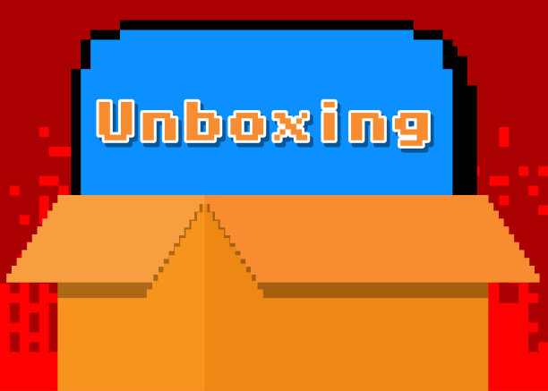 拆箱。像素字与几何图形背景。向量卡通插图。图片下载