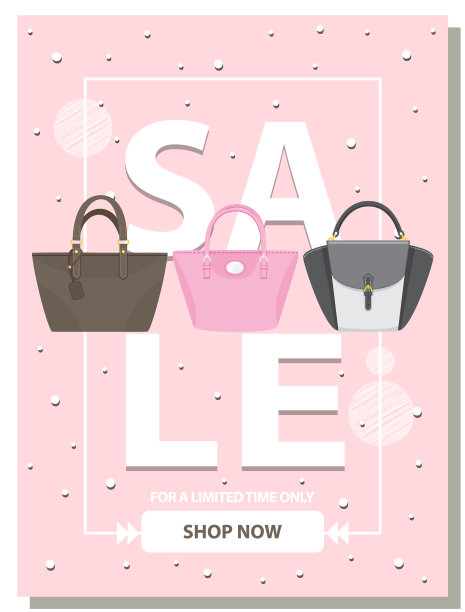 销售海报与妇女包，现在购物。折扣，特惠促销，购物广告图片下载
