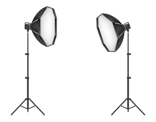 软盒与三脚架上的闪光灯为摄影工作室矢量插图图片下载