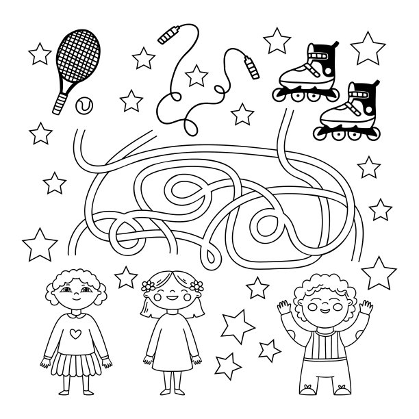 迷宫或迷宫游戏。谜题。错综复杂的道路。着色页大纲与卡通运动的孩子。儿童填色书。图片下载