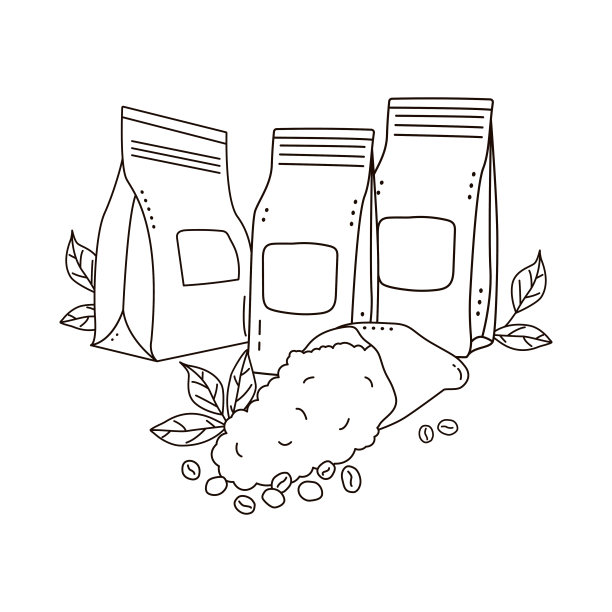 牛皮纸纸袋，白色背景上有孤立的咖啡豆。涂鸦风格。图片下载