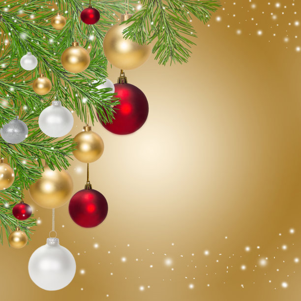 圣诞快乐和新年快乐的背景。圣诞设计，金色的彩带挂在玻璃球上装饰圣诞树上的彩带。图片下载