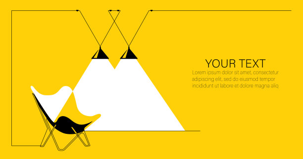 连续的一条线内饰有扶手椅和落地灯，有放置文字的地方。客厅单线图，现代家具。横幅矢量插图模板图片下载