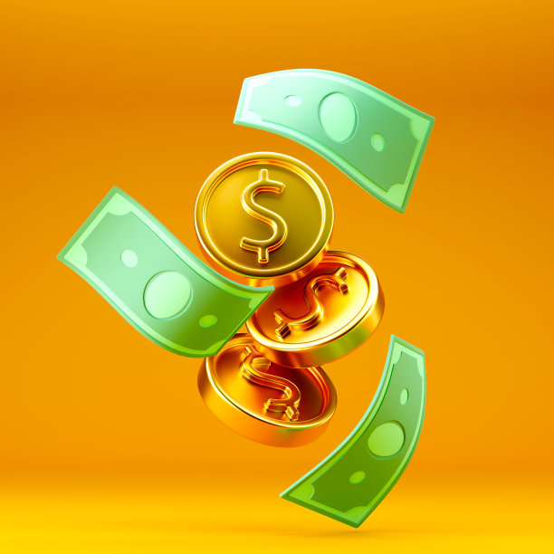 浮动卷曲的美元纸币和金黄色的美元硬币在明亮的黄色背景图片下载