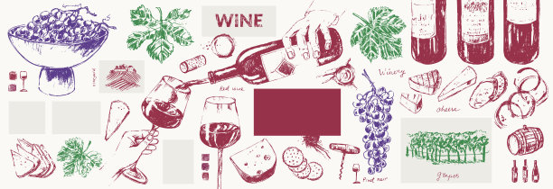 手绘葡萄酒插图套装。图片下载