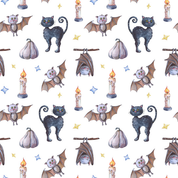 水彩画黑猫，蝙蝠和蜡烛。万圣节无缝模式图片下载