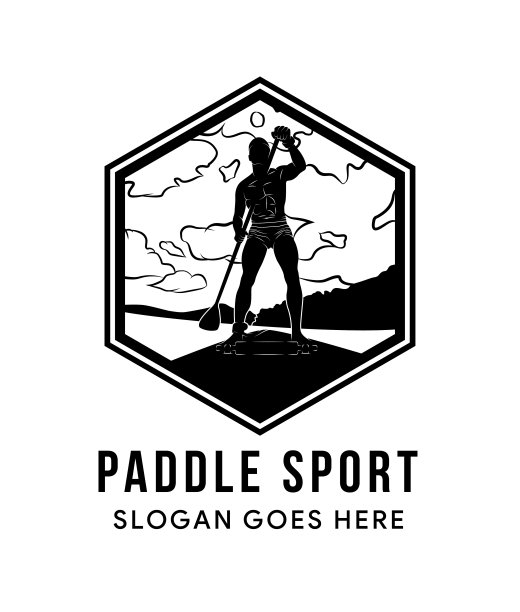 皮划艇桨踏板，剪影黑白河溪标志设计图片下载