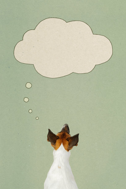 狗的梦想，思考，数字拼贴与文字空间和褪色的复古背景，纸的质感。图片下载
