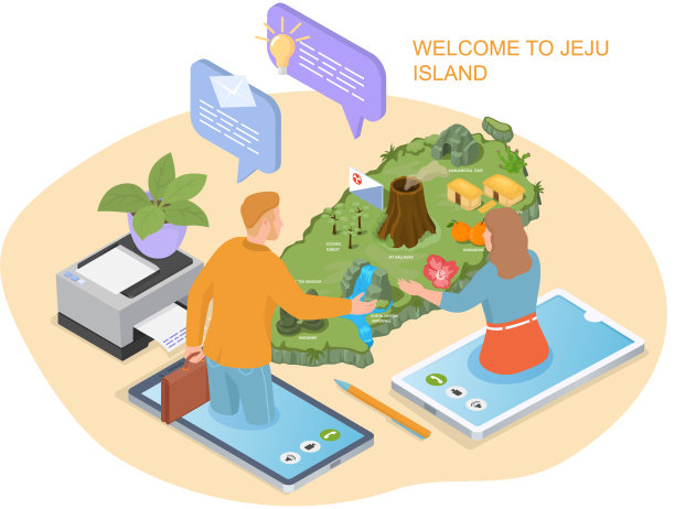 男男女女通过视频链接讨论在亚洲的度假。去韩国旅游。欢迎来到济州岛图片下载