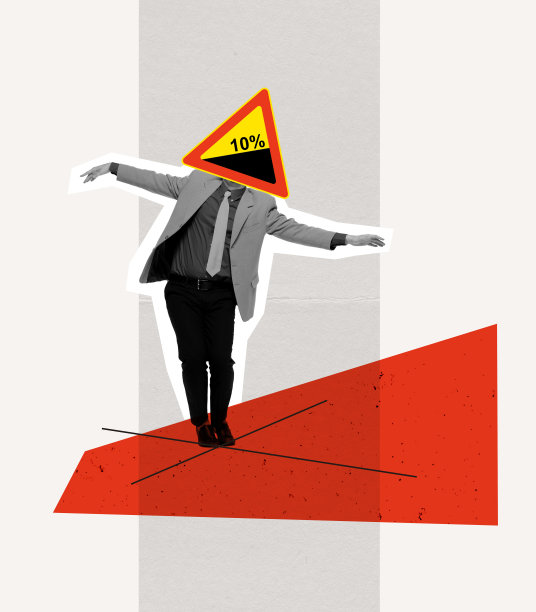 当代艺术拼贴。男子沿着陡峭的山坡往下走，前方路标小心翼翼，注意图片下载