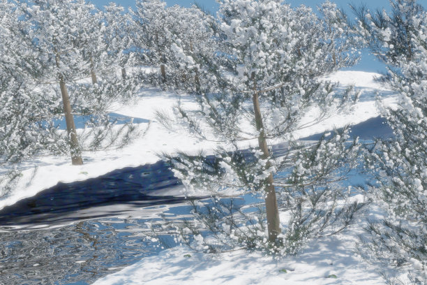 三维插图的野生冬天在冰冻的气候松树，河流和山被雪包围在奇瓦瓦墨西哥圣诞时间图片下载