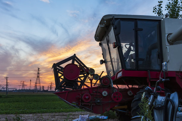 傍晚收割机正在收割小麦图片下载