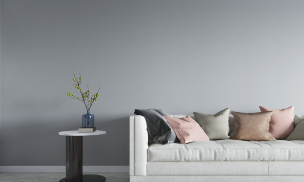 沙发和边桌与灰色的墙背景。三维演示图片下载