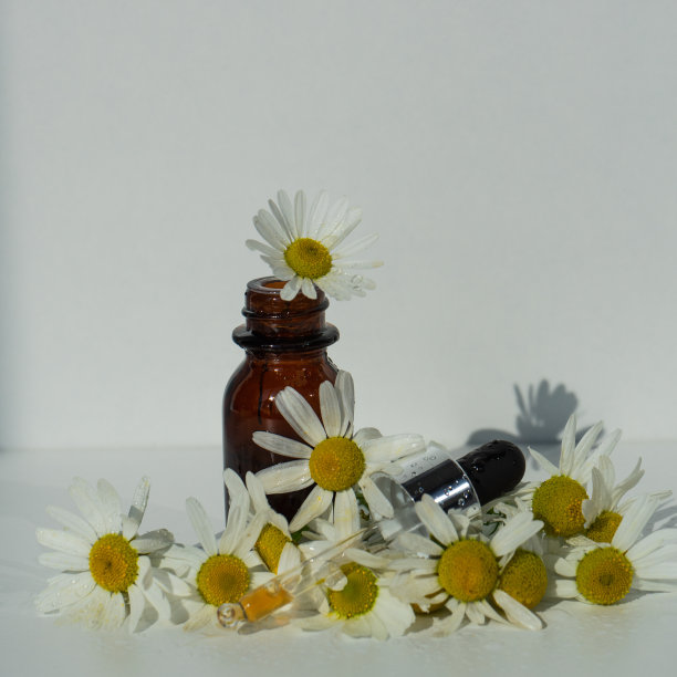 小玻璃瓶罗马洋甘菊精油在旧的木制背景。图片下载