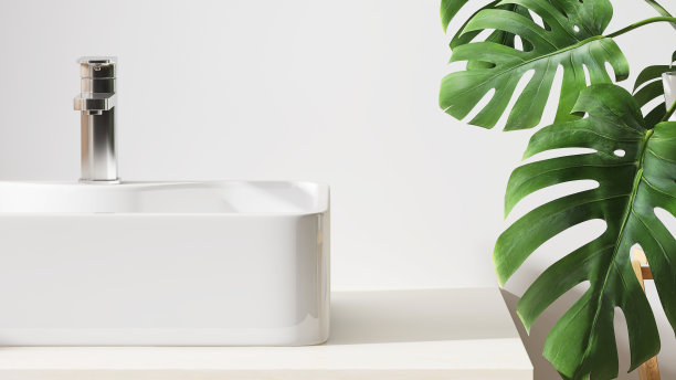 现代和简约的浴室梳妆台设计大理石台面和白色矩形陶瓷脸盆和蒙斯特拉植物从窗户的阳光图片下载