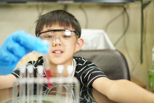 画像:一个男孩兴致勃勃地做科学实验的全家福。图片下载