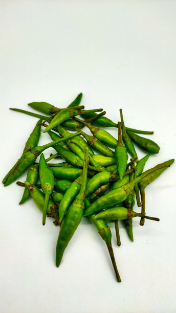 绿色的鸟眼辣椒孤立在白色的背景。图片下载