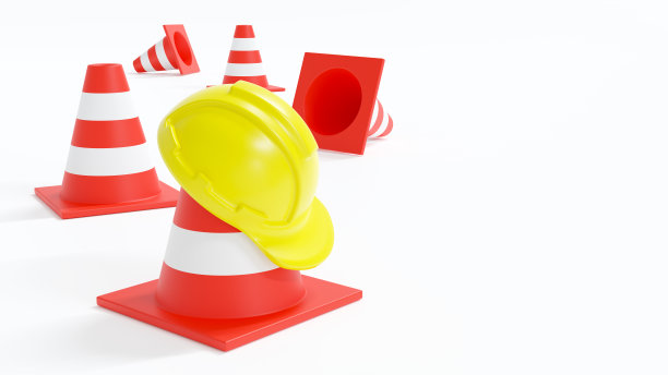 在建造中。安全帽和交通锥。孤立的白色背景。3 d渲染。图片下载