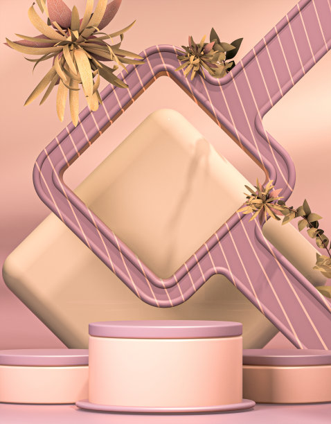 3d渲染玫瑰色奢侈品展示台配花图片下载