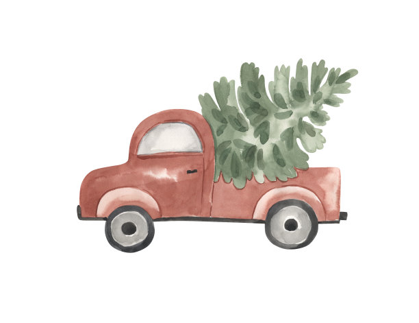 儿童水彩圣诞卡车插画图片下载