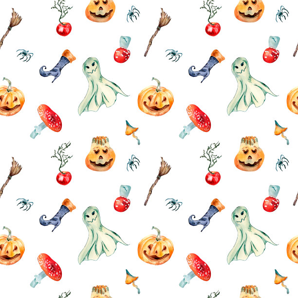 可爱的万圣节幽灵水彩无缝图案孤立在白色上。图片下载