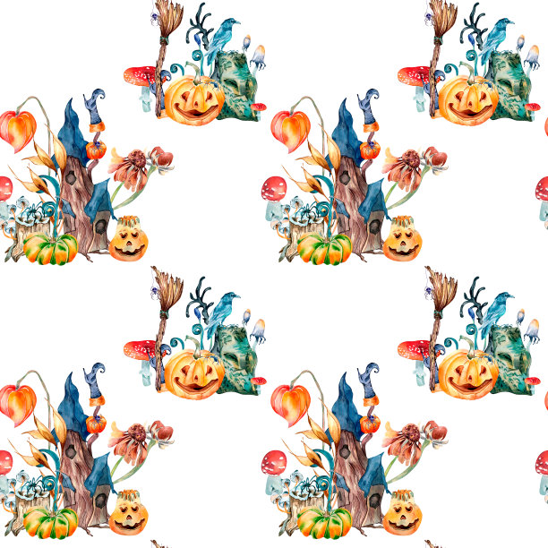 彩色万圣节精灵屋水彩无缝图案孤立在白色上。图片下载