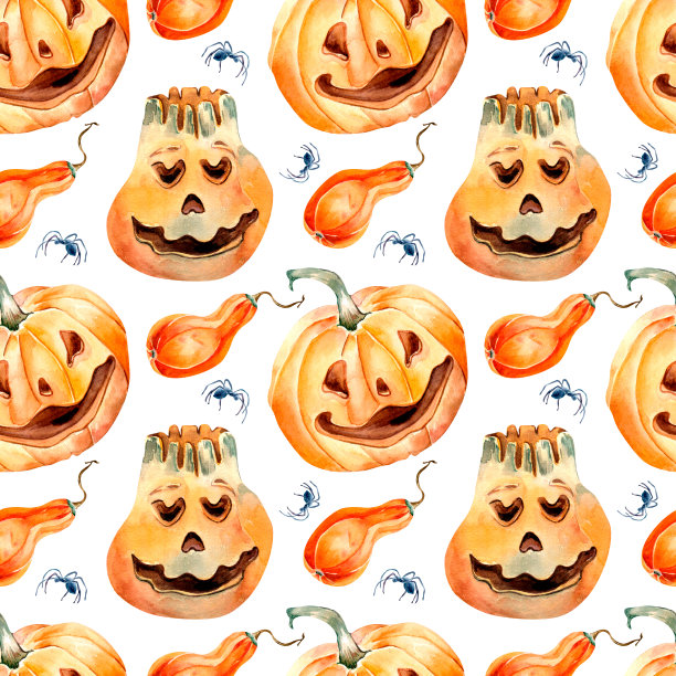 微笑万圣节南瓜水彩无缝图案孤立在白色。图片下载