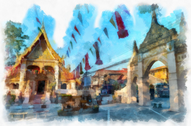 泰国东北诸省古刹水彩画风插图印象派绘画。图片下载