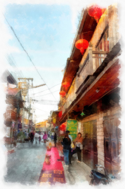 人们和生活方式活动在泰国乡村水彩风格插图印象派绘画。图片下载