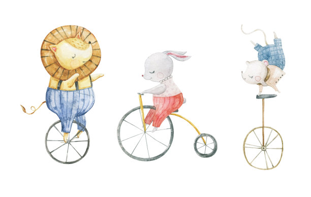 可爱的马戏团卡通矢量插图。水彩插图的海报和横幅马戏团表演，动物，魔术师，人物，杂耍，和马戏团的动机。幼稚的插图图片下载