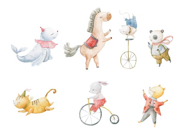 可爱的马戏团卡通矢量插画，动物集。马戏团表演的海报和横幅上的插图，动物，人物，魔术师，杂耍，和马戏团的动机。幼稚的插图图片下载