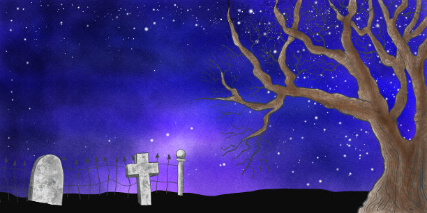 墓地上方的万圣节水彩夜空图片下载