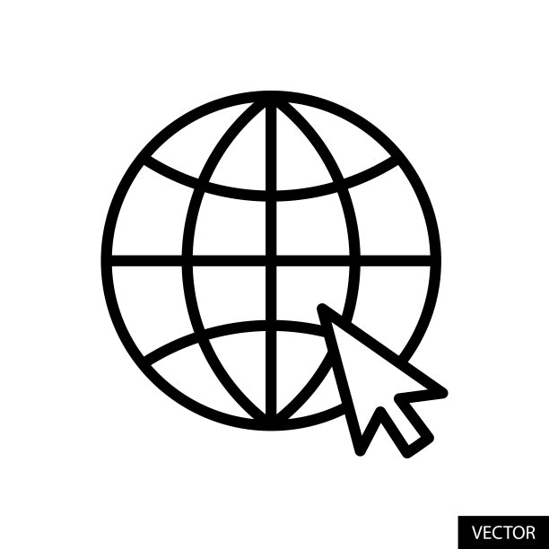 进入网站，访问我们的网站，世界地球仪与箭头光标符号矢量图标在白色背景上孤立的线风格设计。可编辑的中风。图片下载