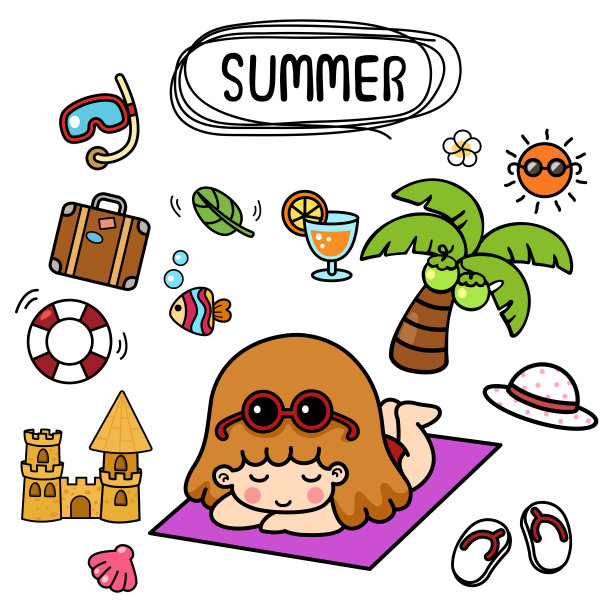 插图孤立设定卡通夏天与小女孩素材图片