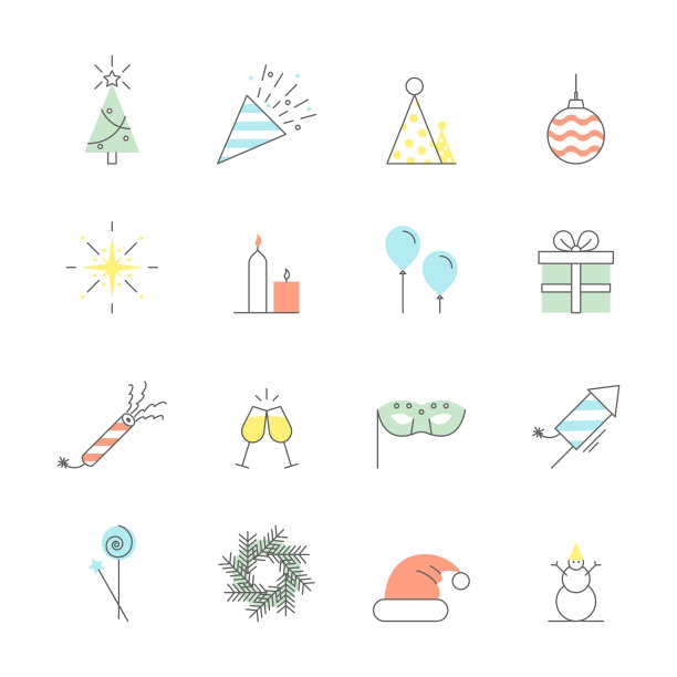 圣诞标志细线平面图标集。向量图片下载