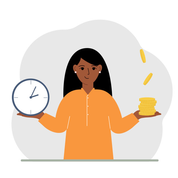 女人在两个选项中做出决定，一块手表和一堆硬币。时间和金钱的概念，工作和休闲之间的平衡。图片下载