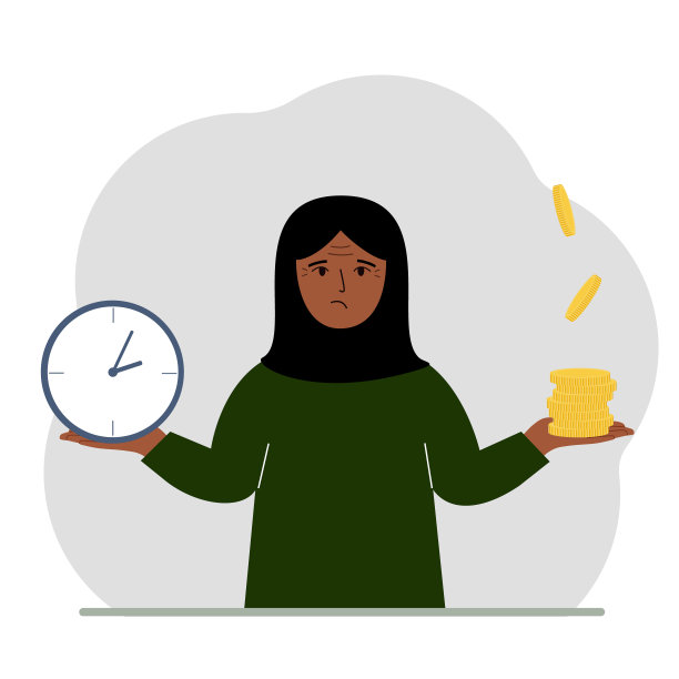 女人在两个选项中做出决定，一块手表和一堆硬币。时间和金钱的概念，工作和休闲之间的平衡。图片下载