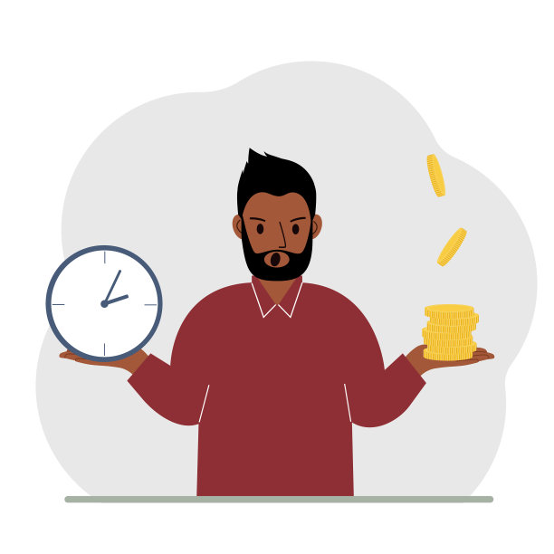 一个人在两种选择中做决定，一块手表和一堆硬币。时间和金钱的概念，工作和休闲之间的平衡。图片下载