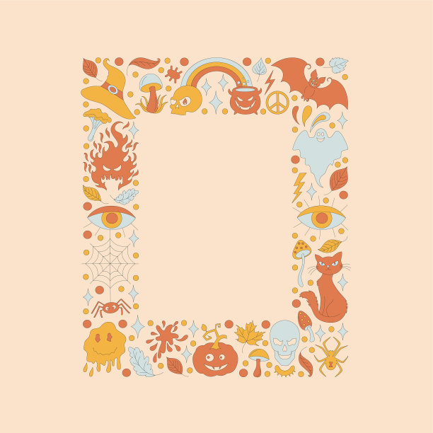 复古框架与70年代风格的万圣节元素。图片下载