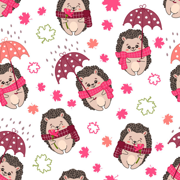 无缝秋季图案与刺猬和树叶图片下载