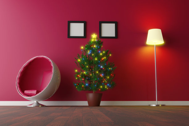 现代客厅与圣诞树室内装饰- 3D插图图片下载